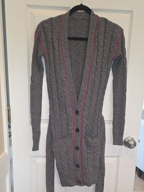 Matthew Williamson Wool Gray Cable Knit Long Cardigan with Pink Piping Women 8